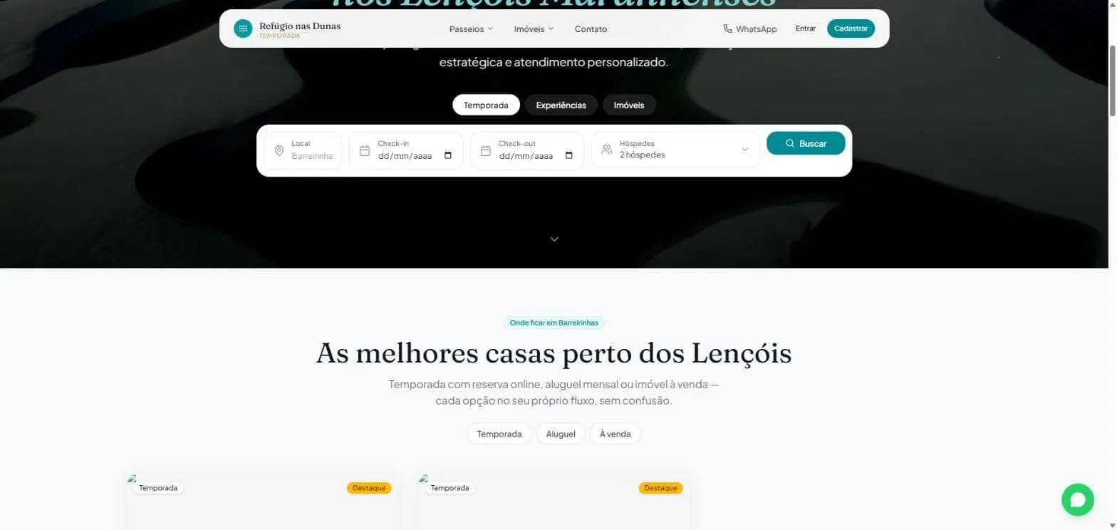 Busca por datas e hóspedes e as casas para temporada