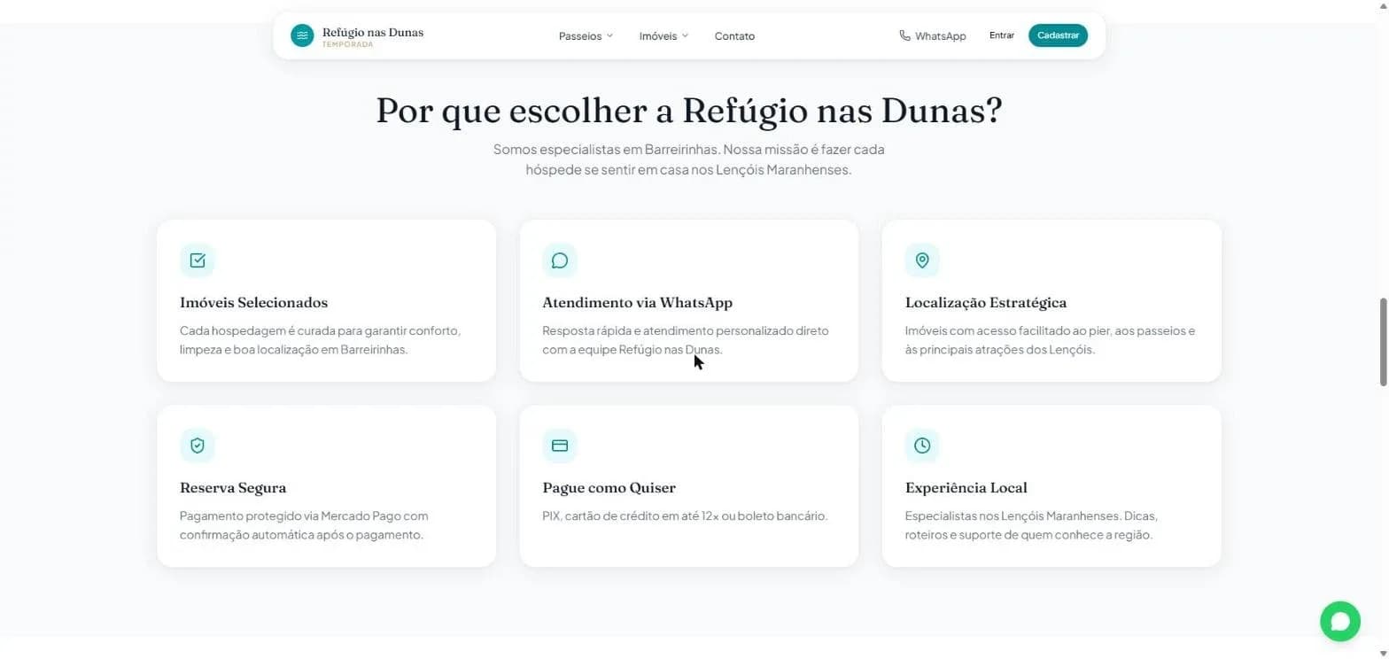 Seção com os diferenciais da Refúgio nas Dunas